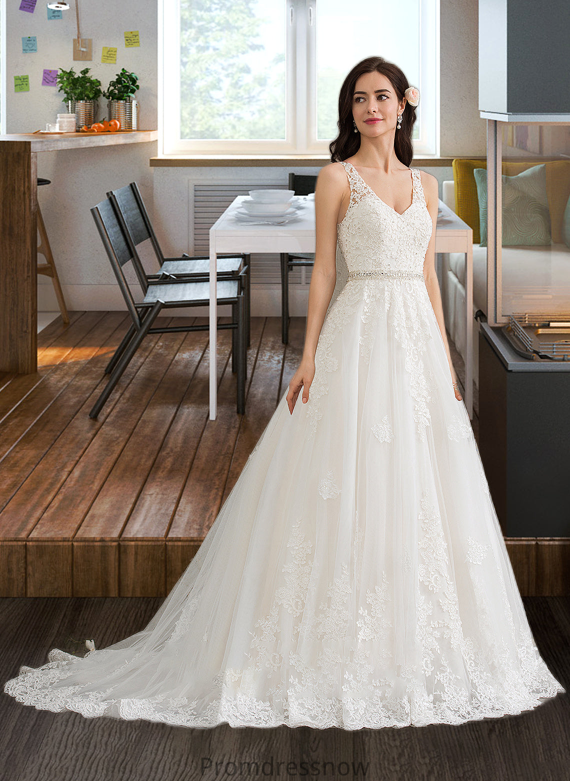 Chanel Ball-Gown/Princess V-neck Court Train Tulle Wedding Dress With Beading Sequins HPP0013779