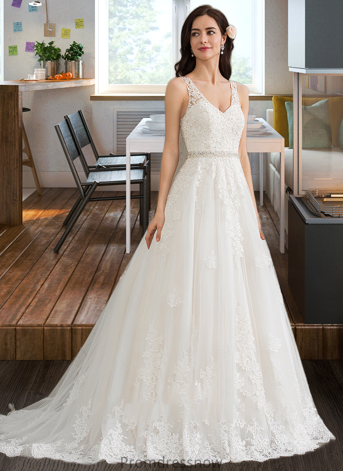 Chanel Ball-Gown/Princess V-neck Court Train Tulle Wedding Dress With Beading Sequins HPP0013779