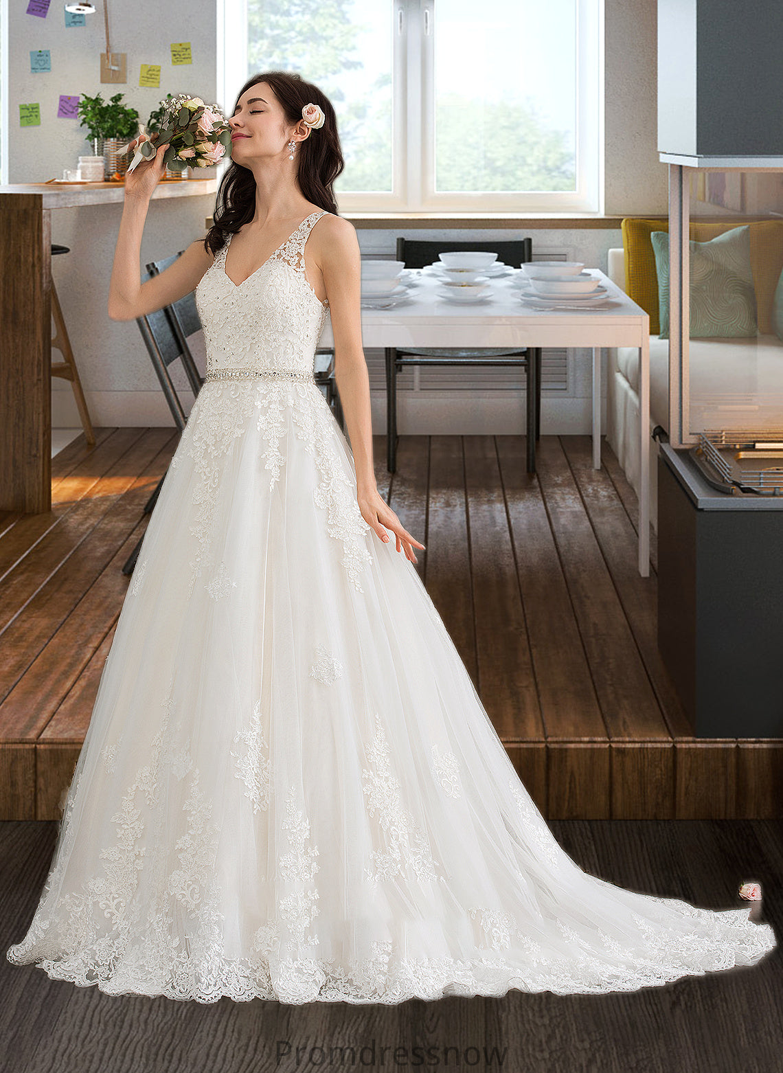 Chanel Ball-Gown/Princess V-neck Court Train Tulle Wedding Dress With Beading Sequins HPP0013779