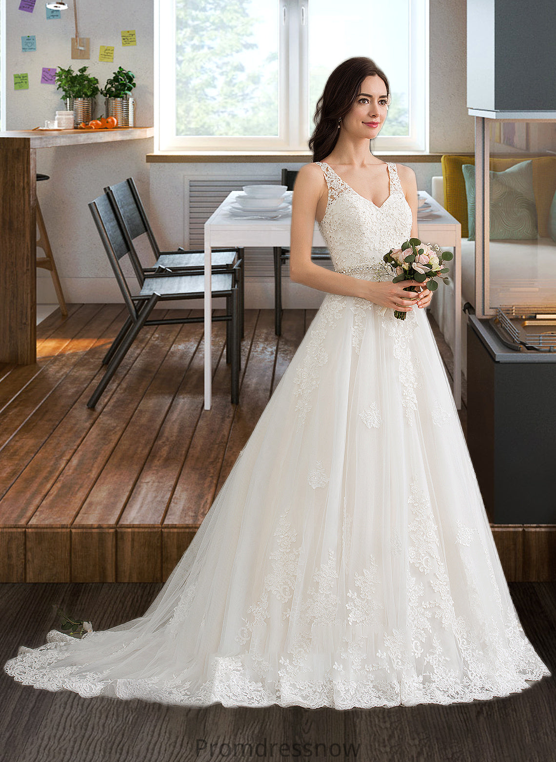 Chanel Ball-Gown/Princess V-neck Court Train Tulle Wedding Dress With Beading Sequins HPP0013779