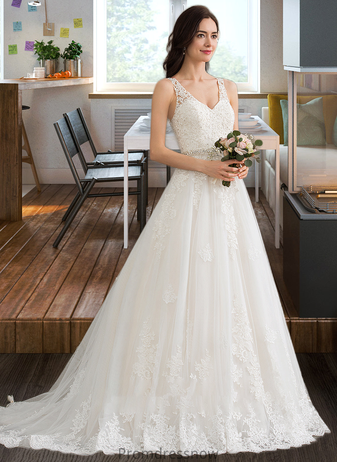 Chanel Ball-Gown/Princess V-neck Court Train Tulle Wedding Dress With Beading Sequins HPP0013779