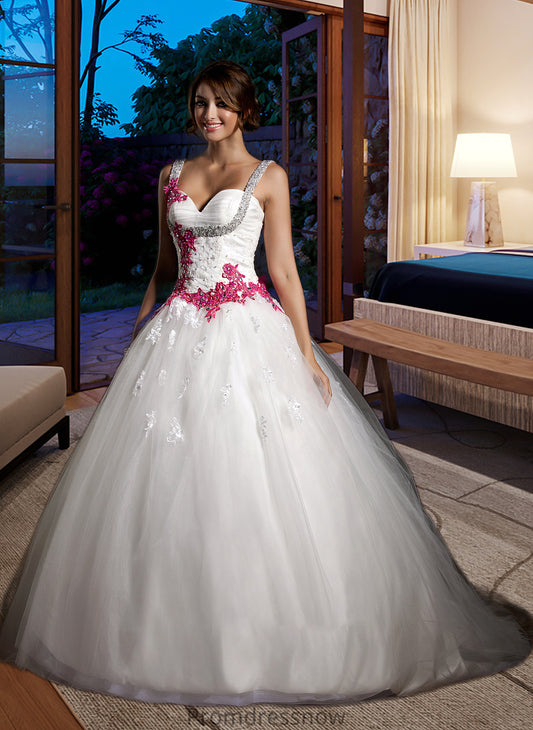 Carolyn Ball-Gown/Princess Sweetheart Chapel Train Tulle Wedding Dress With Ruffle Appliques Lace Bow(s) HPP0013780