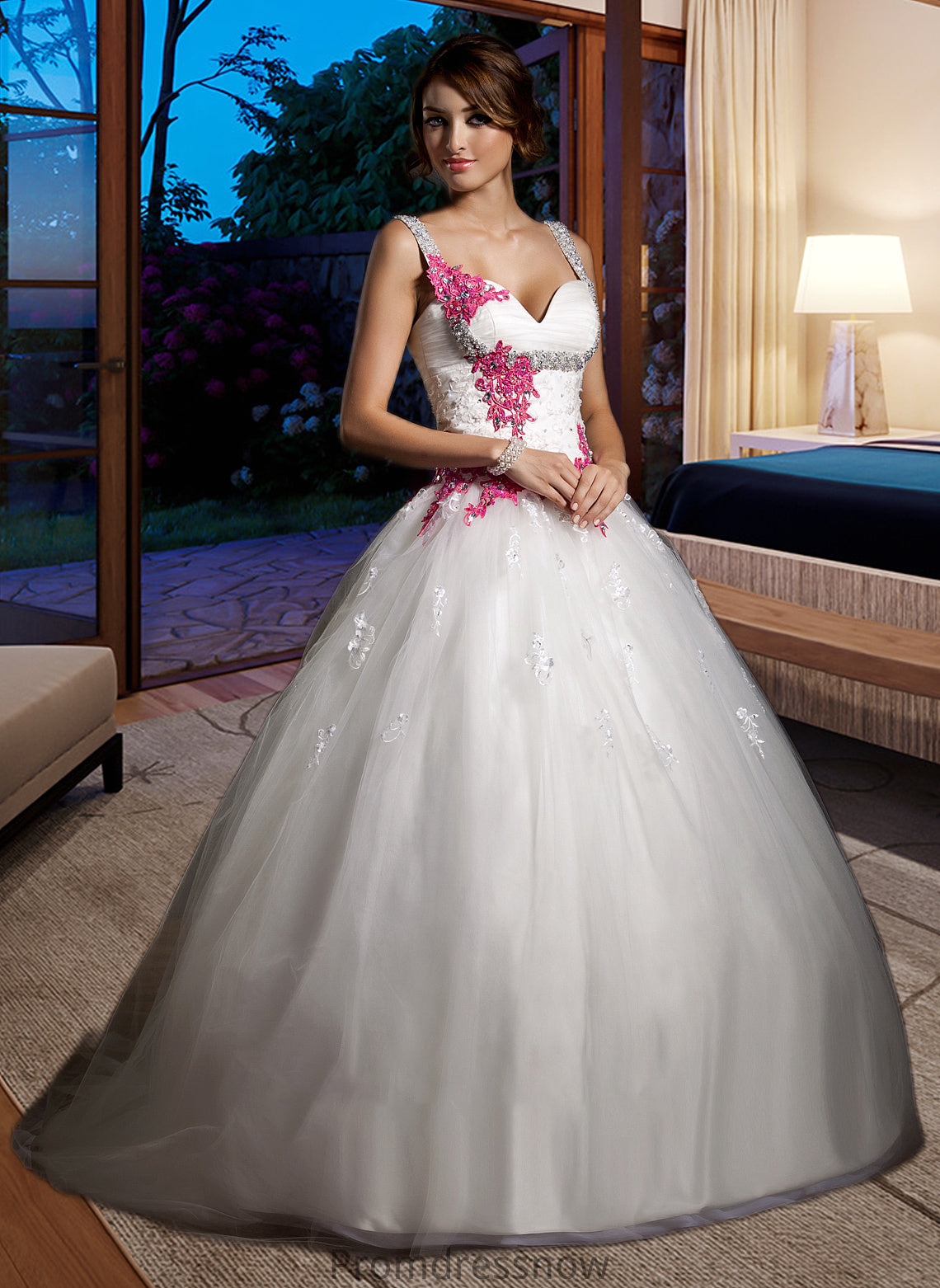 Carolyn Ball-Gown/Princess Sweetheart Chapel Train Tulle Wedding Dress With Ruffle Appliques Lace Bow(s) HPP0013780