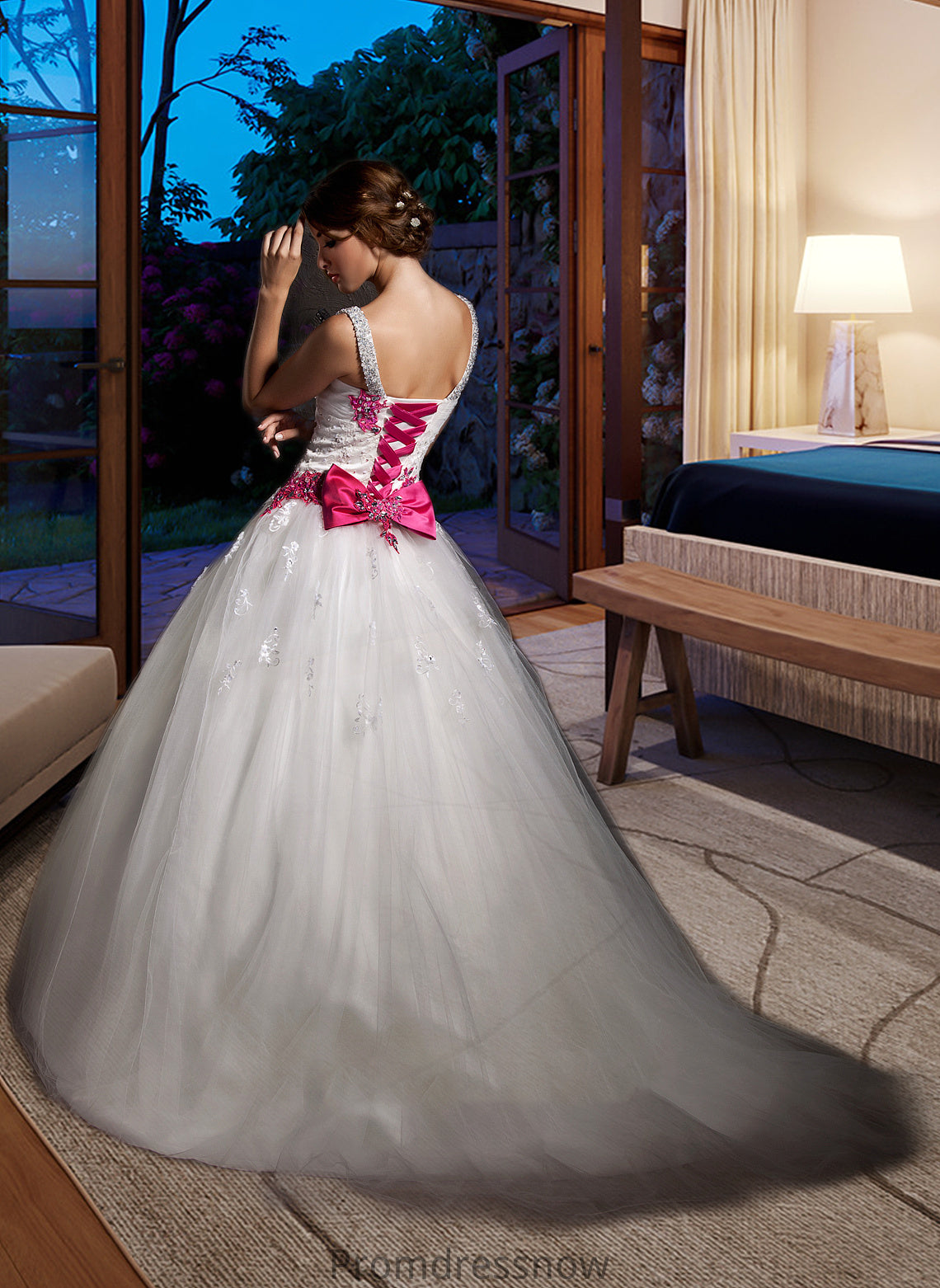 Carolyn Ball-Gown/Princess Sweetheart Chapel Train Tulle Wedding Dress With Ruffle Appliques Lace Bow(s) HPP0013780