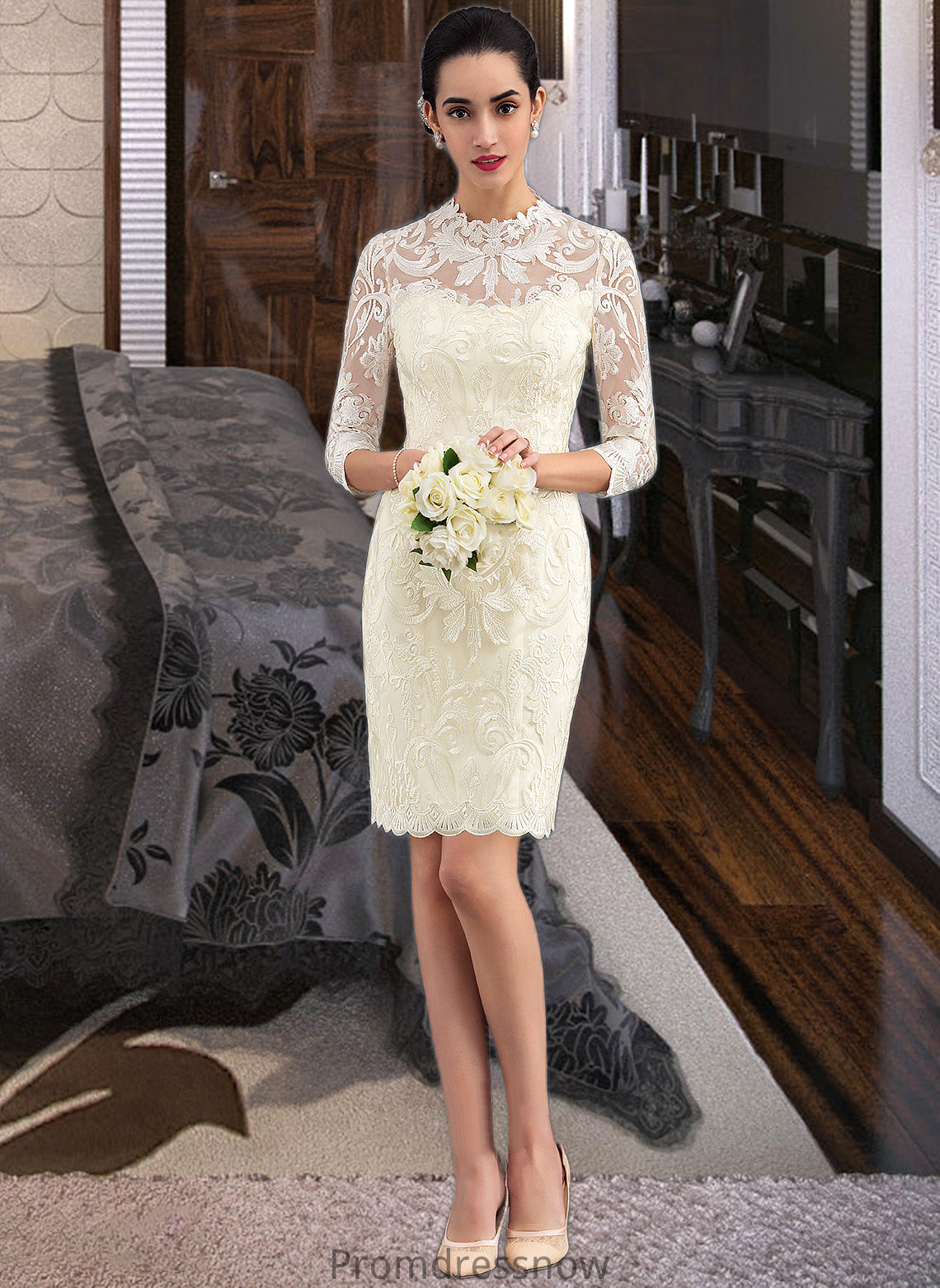 Sadie Sheath/Column High Neck Knee-Length Lace Wedding Dress HPP0013781