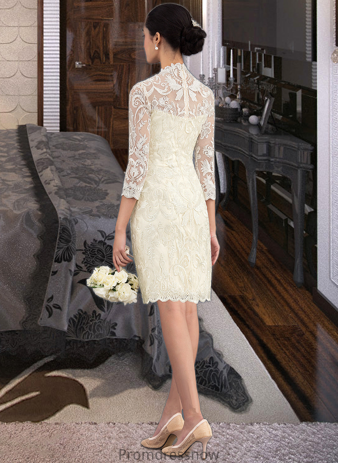 Sadie Sheath/Column High Neck Knee-Length Lace Wedding Dress HPP0013781