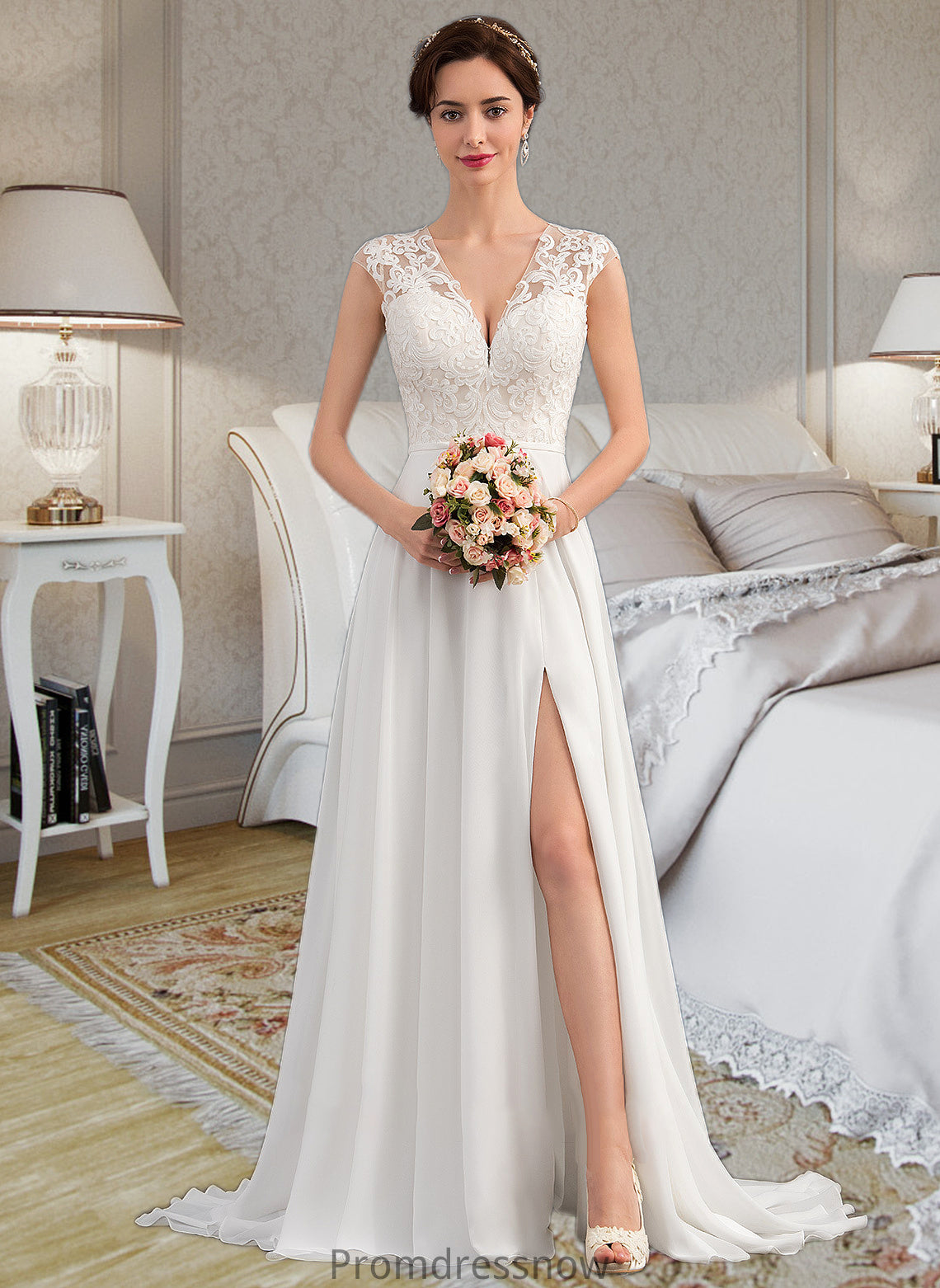 Lila A-Line V-neck Sweep Train Chiffon Wedding Dress With Split Front HPP0013782