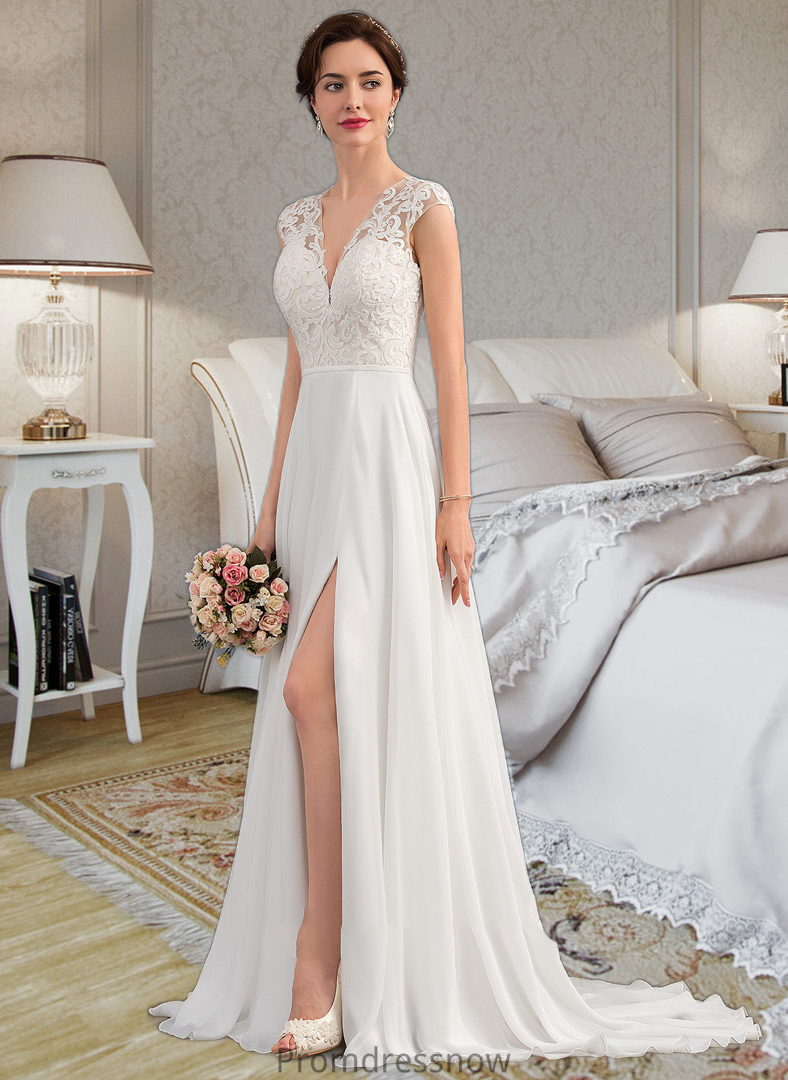 Lila A-Line V-neck Sweep Train Chiffon Wedding Dress With Split Front HPP0013782