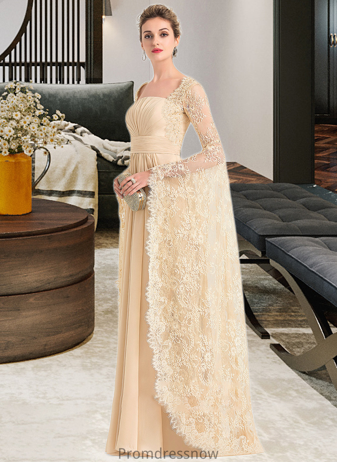 Mckinley A-Line Square Neckline Floor-Length Chiffon Wedding Dress With Ruffle Beading HPP0013783