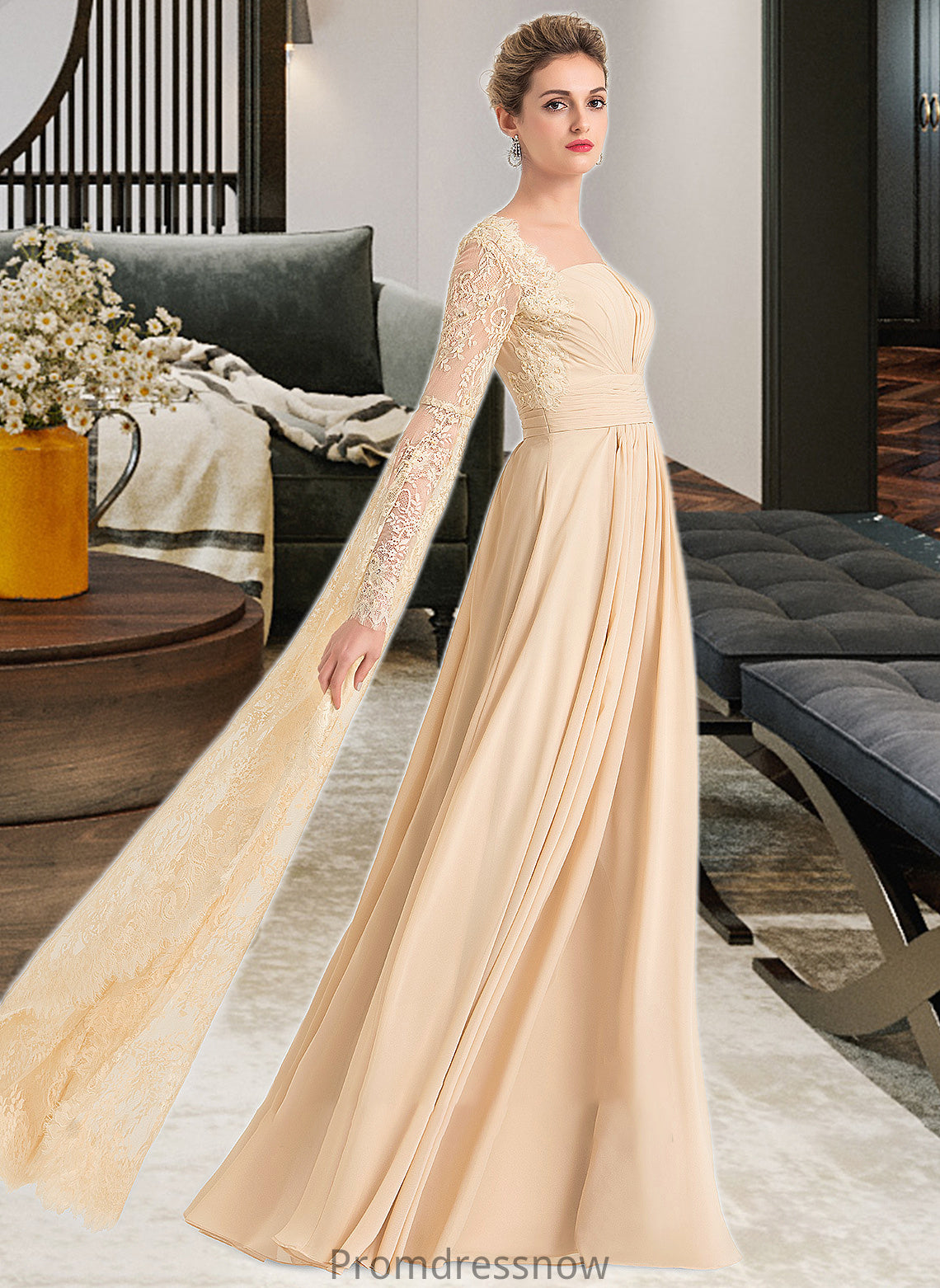 Mckinley A-Line Square Neckline Floor-Length Chiffon Wedding Dress With Ruffle Beading HPP0013783