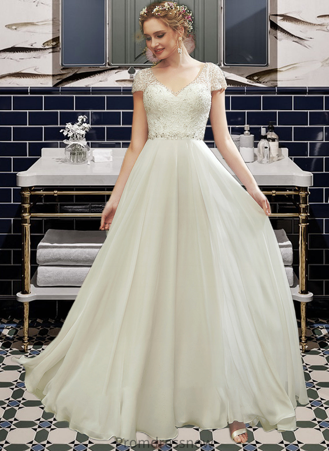 Isabela A-Line V-neck Floor-Length Wedding Dress With Lace Beading Sequins HPP0013784