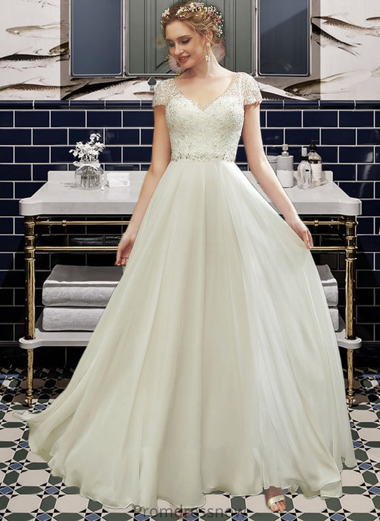 Isabela A-Line V-neck Floor-Length Wedding Dress With Lace Beading Sequins HPP0013784