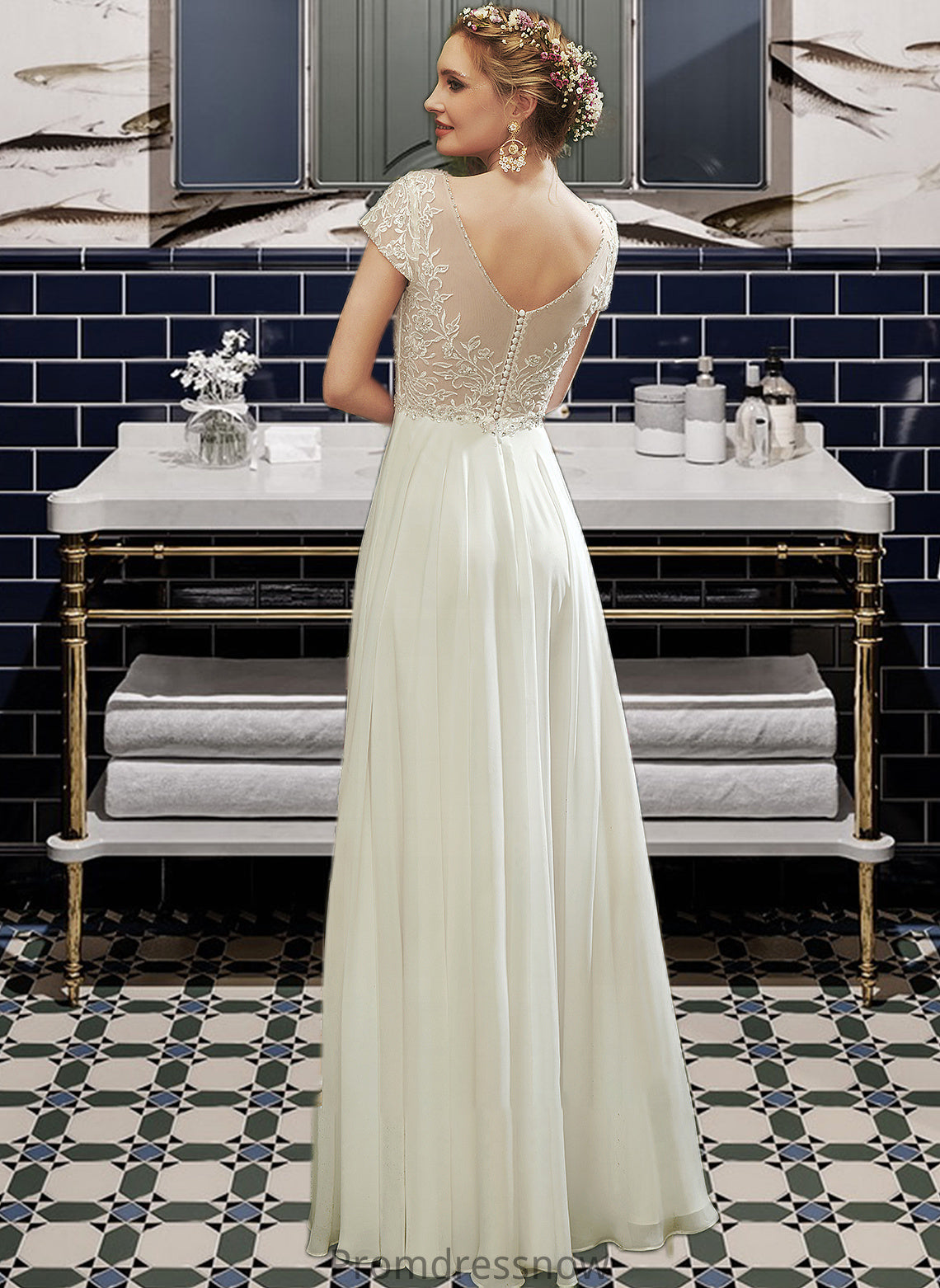 Isabela A-Line V-neck Floor-Length Wedding Dress With Lace Beading Sequins HPP0013784