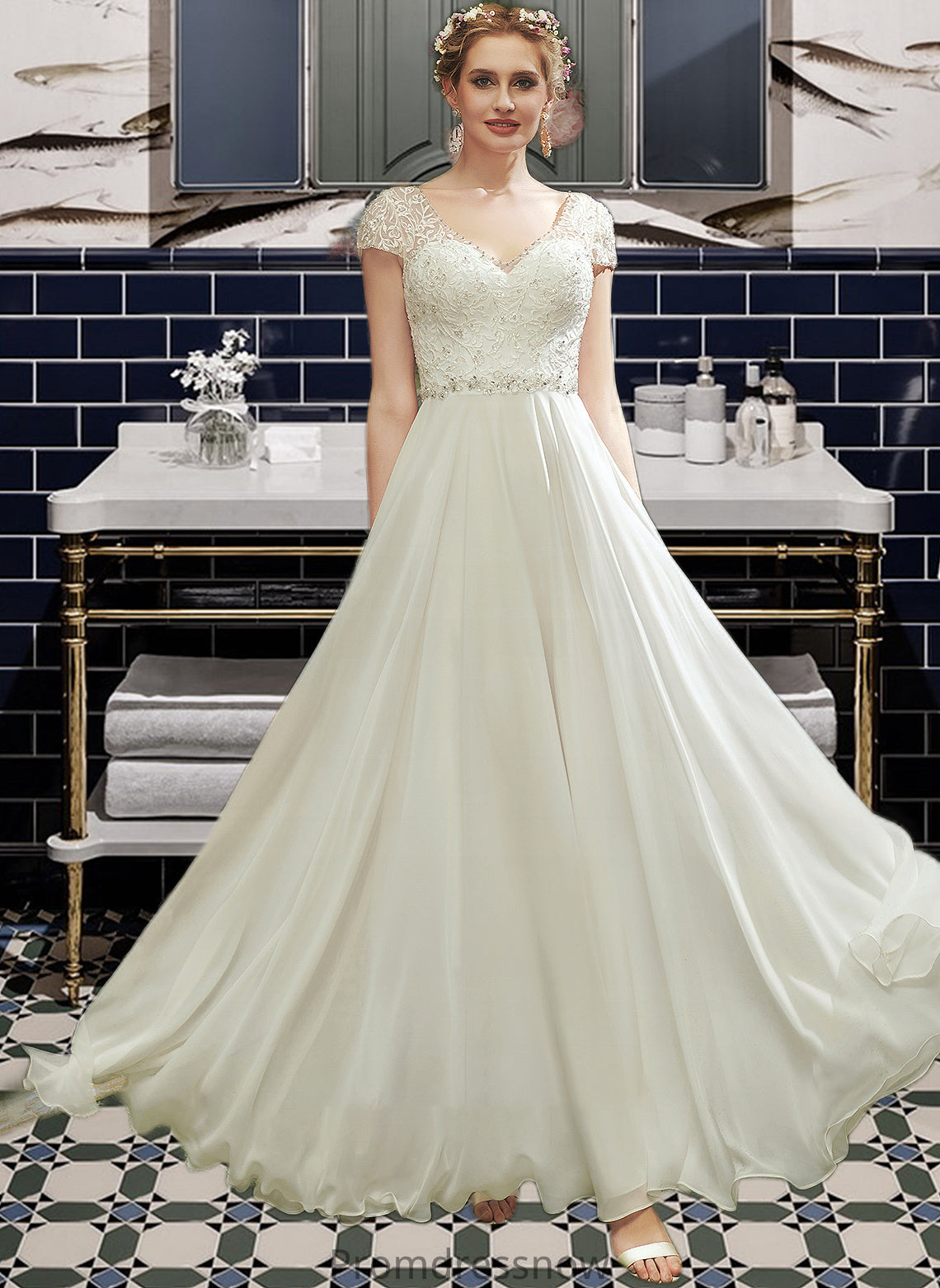 Isabela A-Line V-neck Floor-Length Wedding Dress With Lace Beading Sequins HPP0013784