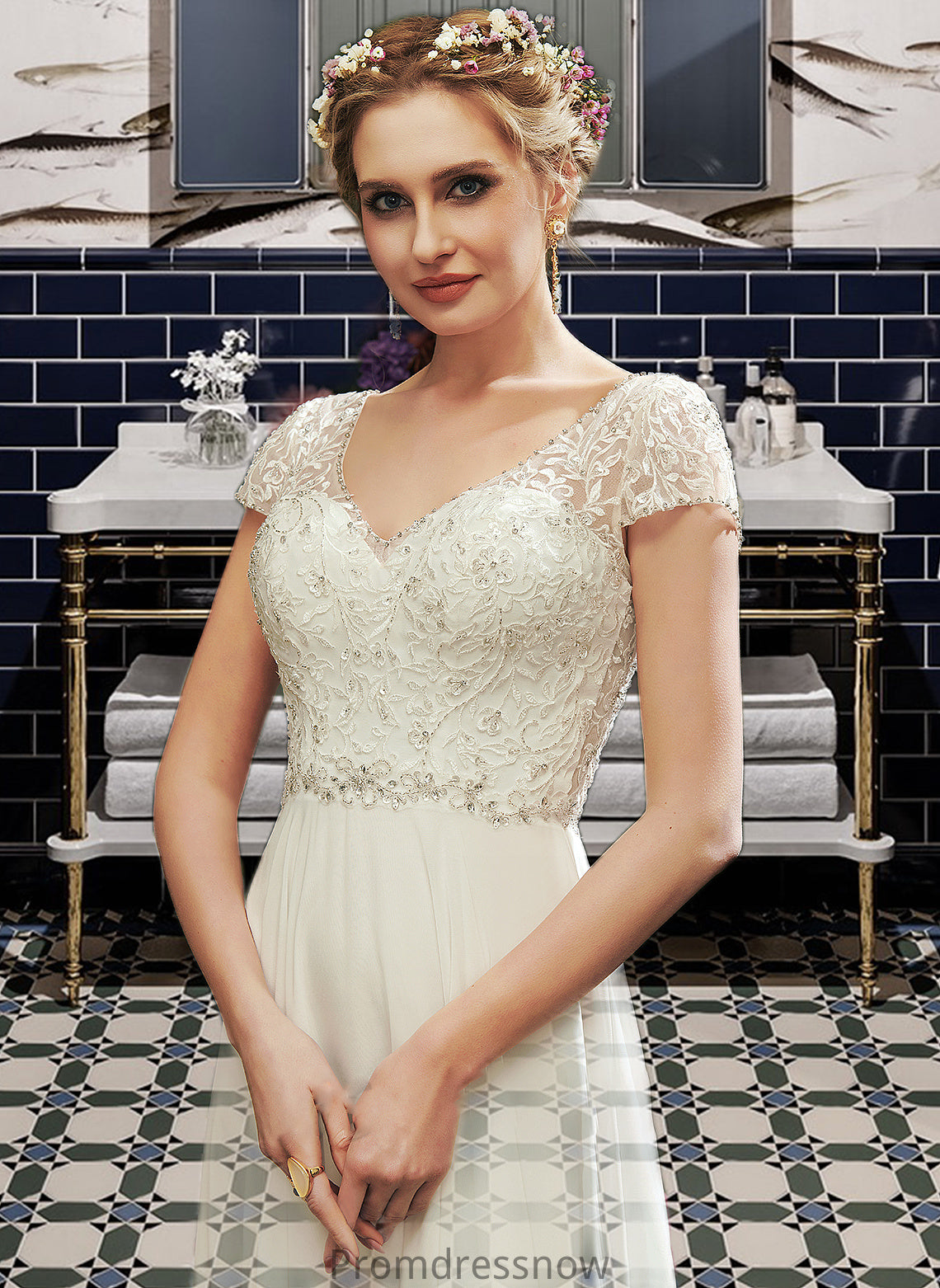 Isabela A-Line V-neck Floor-Length Wedding Dress With Lace Beading Sequins HPP0013784