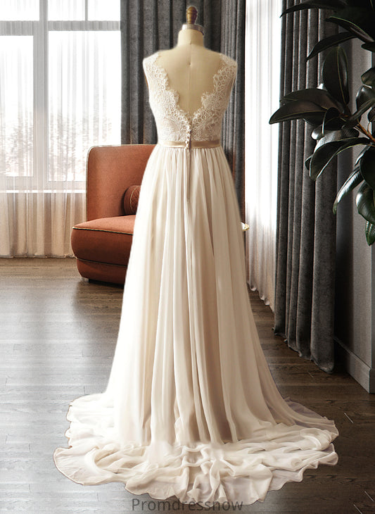 Claire A-Line V-neck Court Train Chiffon Wedding Dress HPP0013785