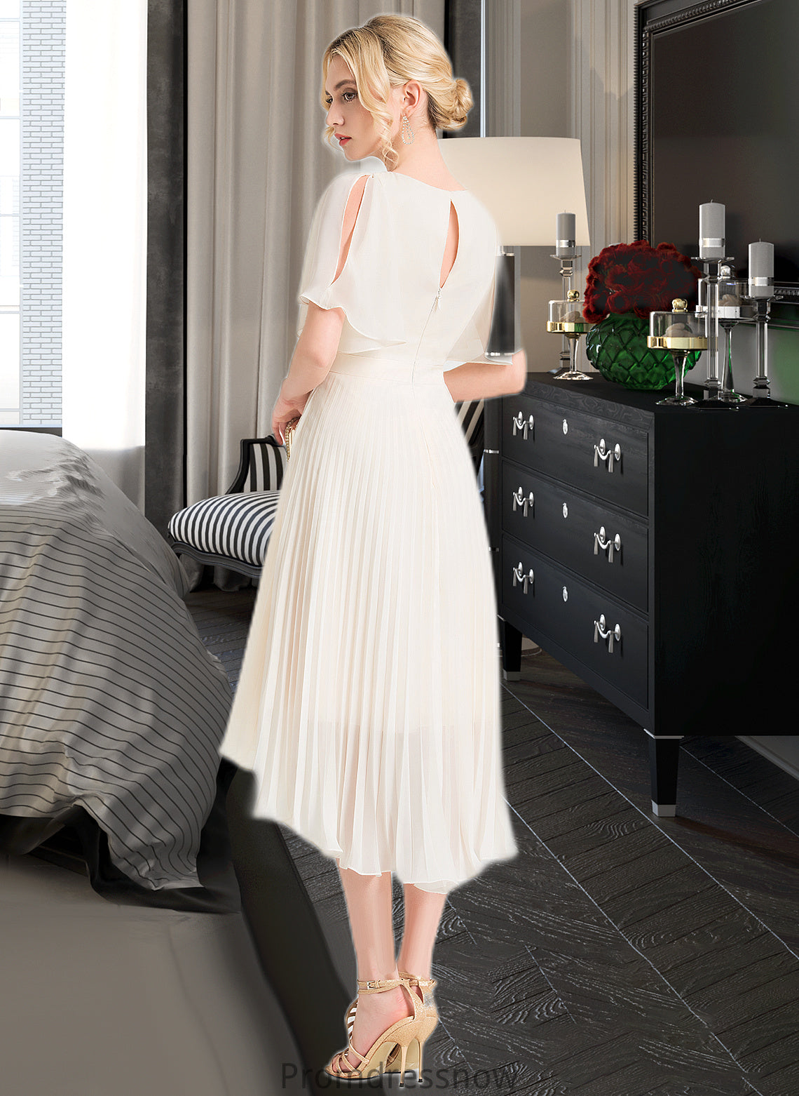 Jamie A-Line Scoop Neck Asymmetrical Chiffon Wedding Dress With Pleated HPP0013790