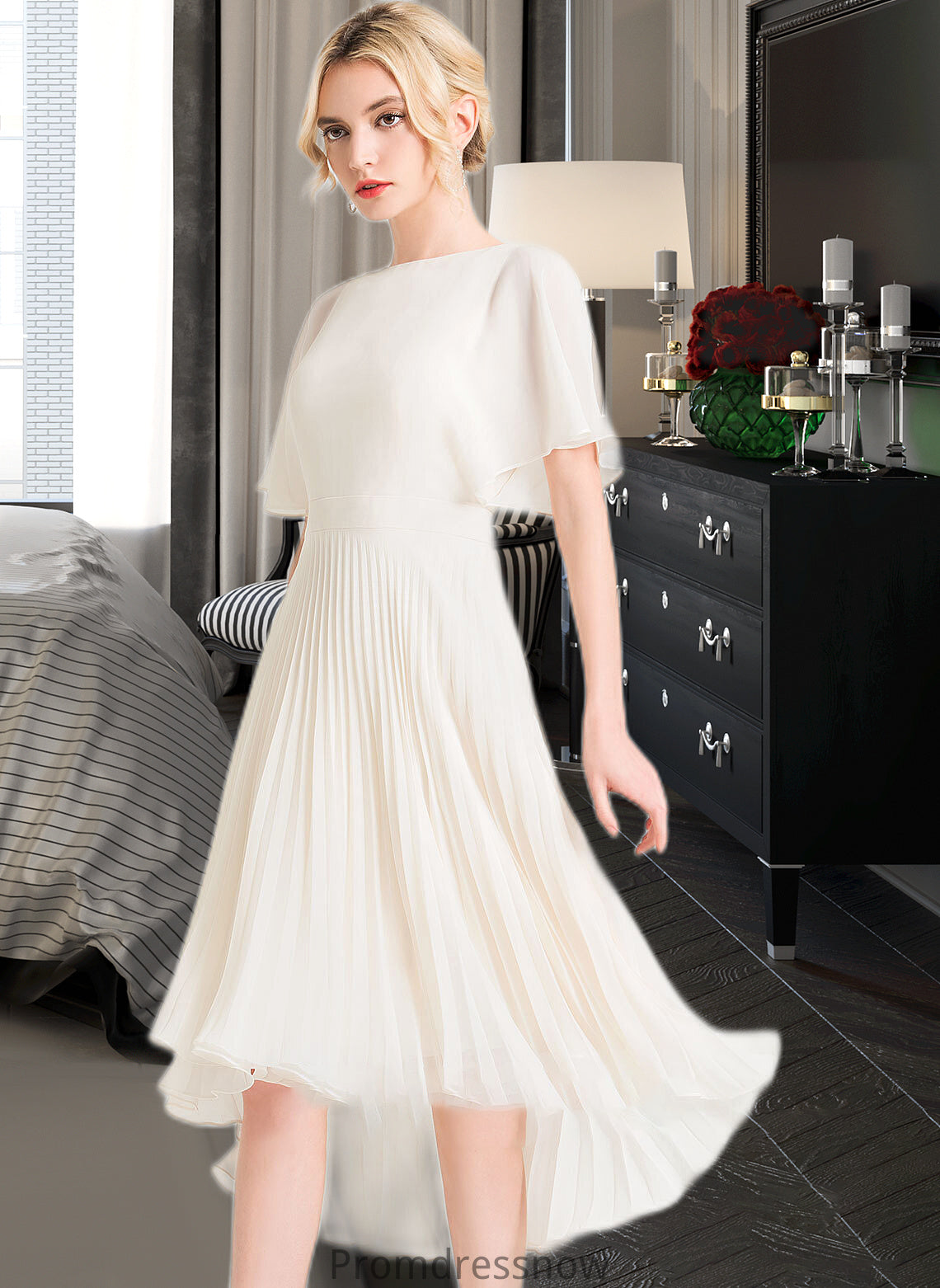 Jamie A-Line Scoop Neck Asymmetrical Chiffon Wedding Dress With Pleated HPP0013790