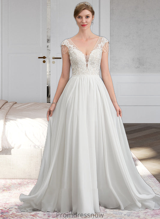 Nadia A-Line V-neck Sweep Train Chiffon Wedding Dress With Beading Sequins HPP0013792