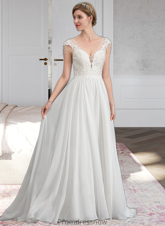 Nadia A-Line V-neck Sweep Train Chiffon Wedding Dress With Beading Sequins HPP0013792