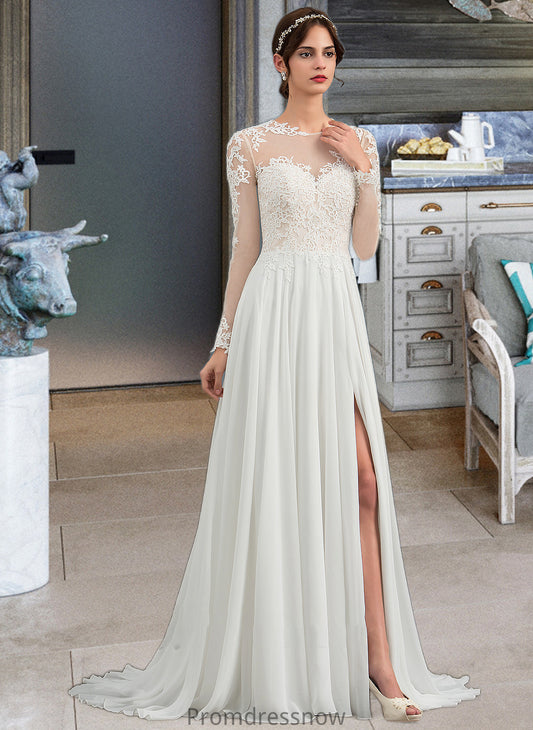 Esme A-Line Illusion Sweep Train Chiffon Wedding Dress With Appliques Lace Split Front HPP0013793