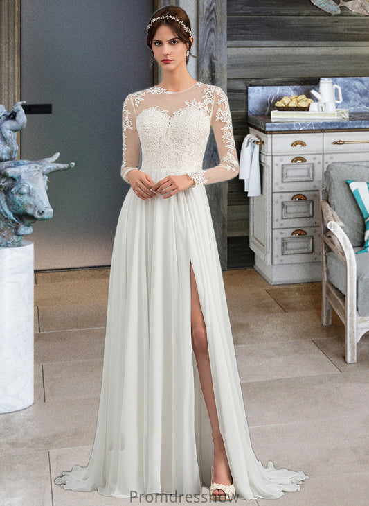 Esme A-Line Illusion Sweep Train Chiffon Wedding Dress With Appliques Lace Split Front HPP0013793