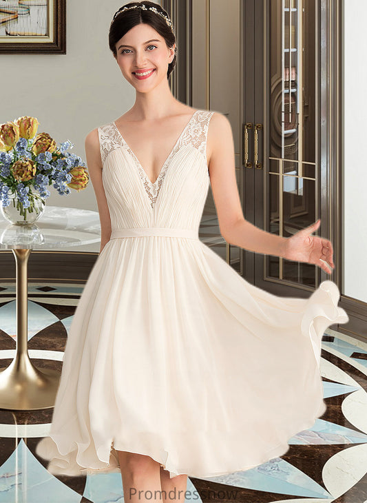 Elsa A-Line V-neck Knee-Length Chiffon Lace Wedding Dress With Ruffle HPP0013794