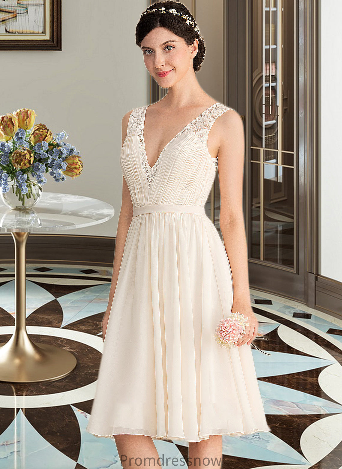 Elsa A-Line V-neck Knee-Length Chiffon Lace Wedding Dress With Ruffle HPP0013794