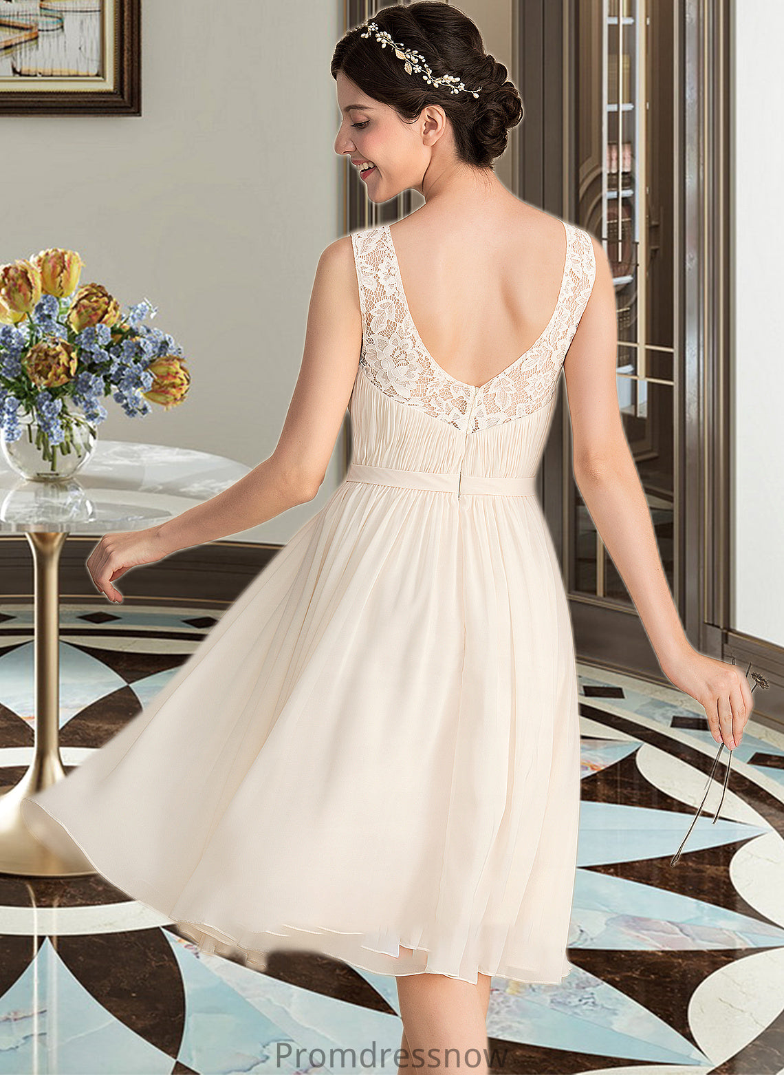 Elsa A-Line V-neck Knee-Length Chiffon Lace Wedding Dress With Ruffle HPP0013794