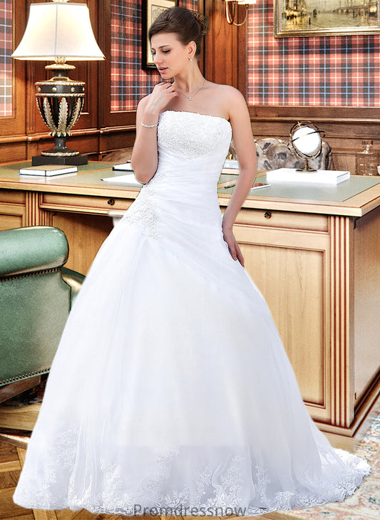 Stephanie Ball-Gown/Princess Strapless Chapel Train Satin Organza Wedding Dress With Lace Beading HPP0013796