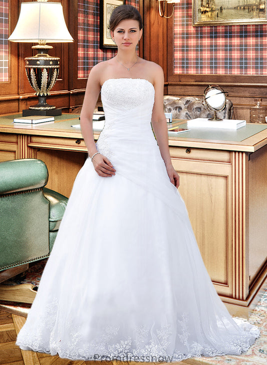 Stephanie Ball-Gown/Princess Strapless Chapel Train Satin Organza Wedding Dress With Lace Beading HPP0013796