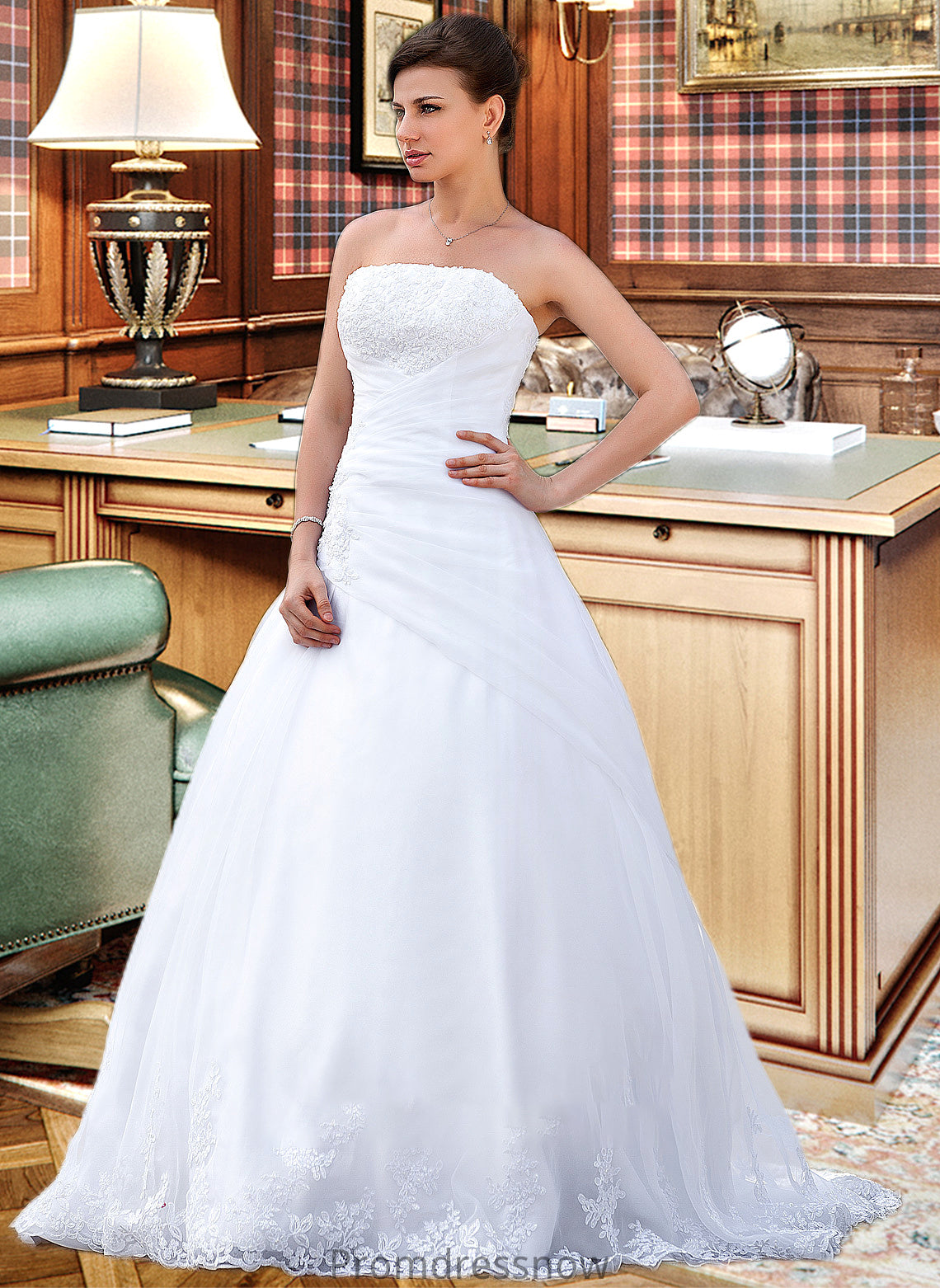 Stephanie Ball-Gown/Princess Strapless Chapel Train Satin Organza Wedding Dress With Lace Beading HPP0013796