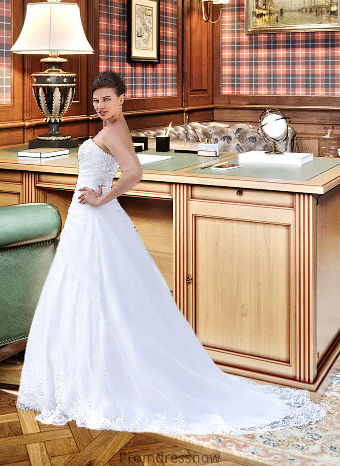 Stephanie Ball-Gown/Princess Strapless Chapel Train Satin Organza Wedding Dress With Lace Beading HPP0013796