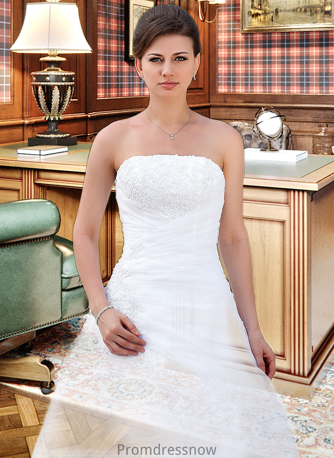 Stephanie Ball-Gown/Princess Strapless Chapel Train Satin Organza Wedding Dress With Lace Beading HPP0013796