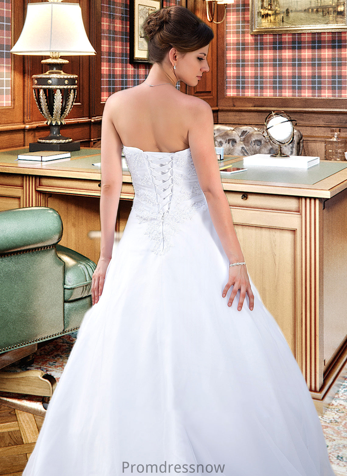 Stephanie Ball-Gown/Princess Strapless Chapel Train Satin Organza Wedding Dress With Lace Beading HPP0013796