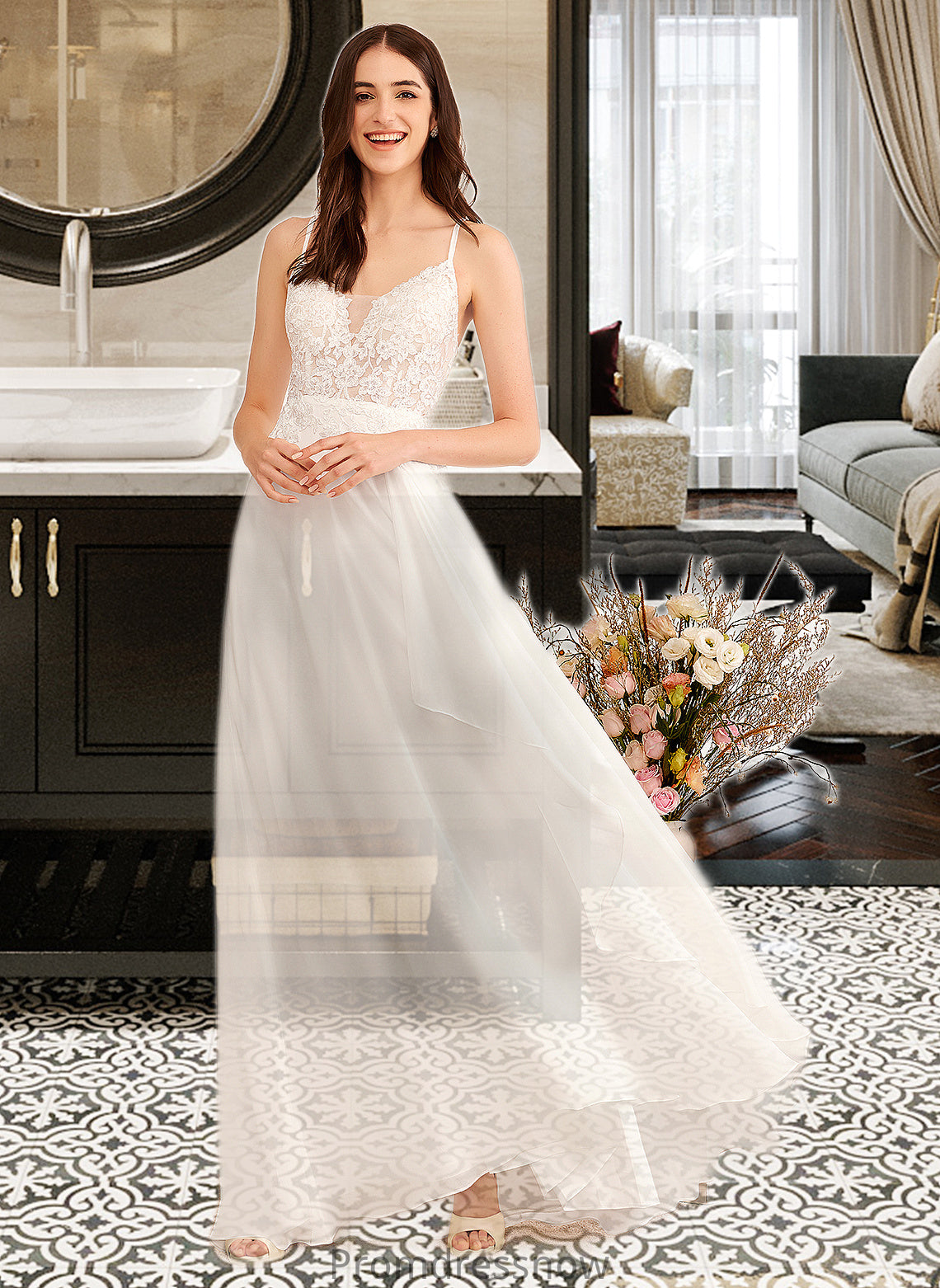 Ashleigh A-Line V-neck Floor-Length Wedding Dress With Sequins HPP0013797