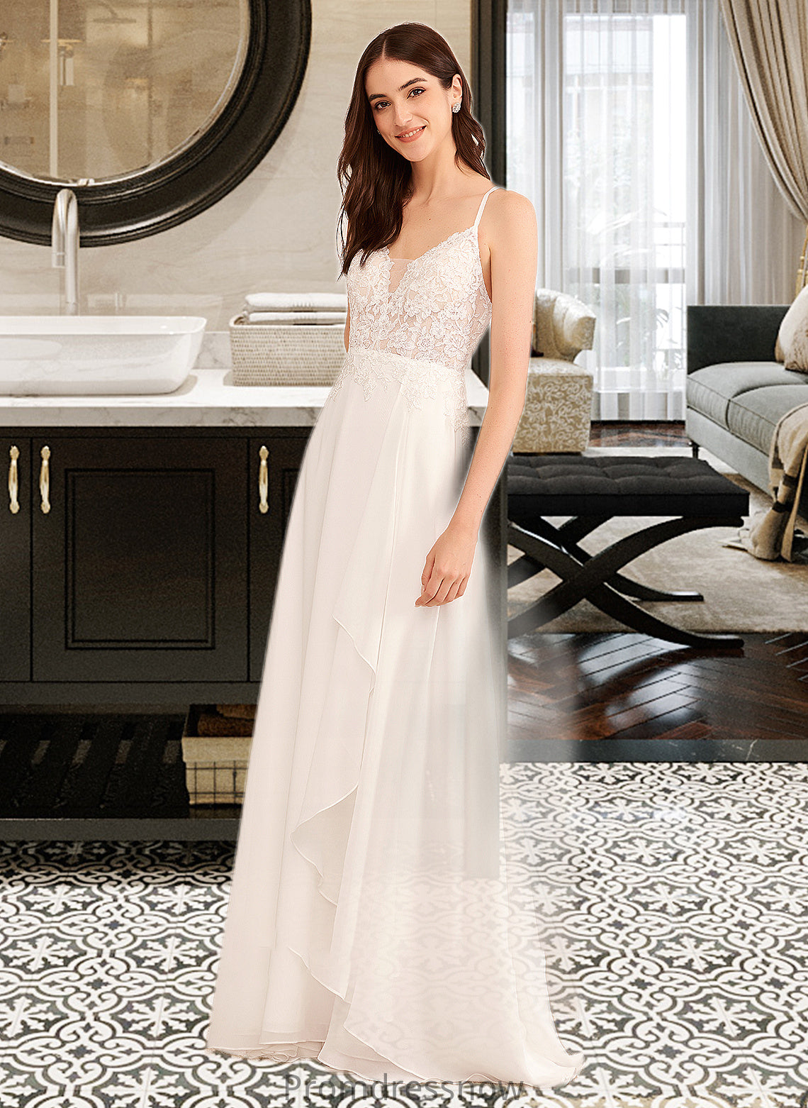 Ashleigh A-Line V-neck Floor-Length Wedding Dress With Sequins HPP0013797