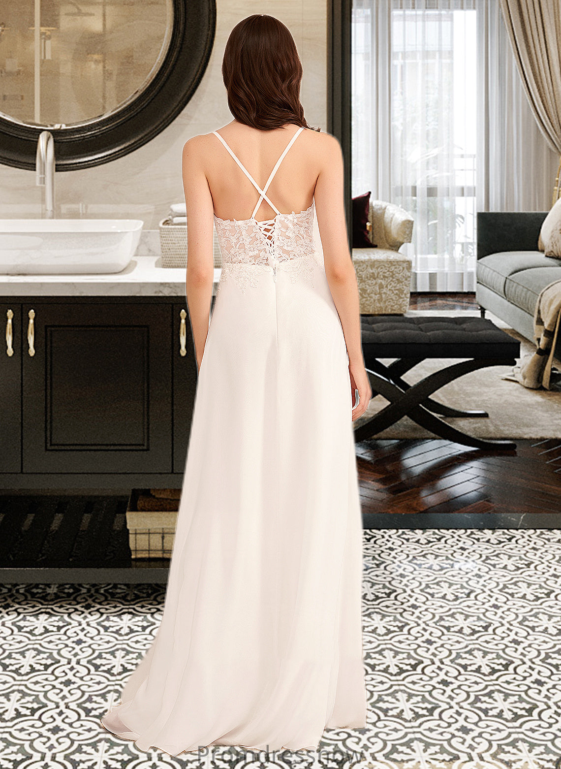 Ashleigh A-Line V-neck Floor-Length Wedding Dress With Sequins HPP0013797