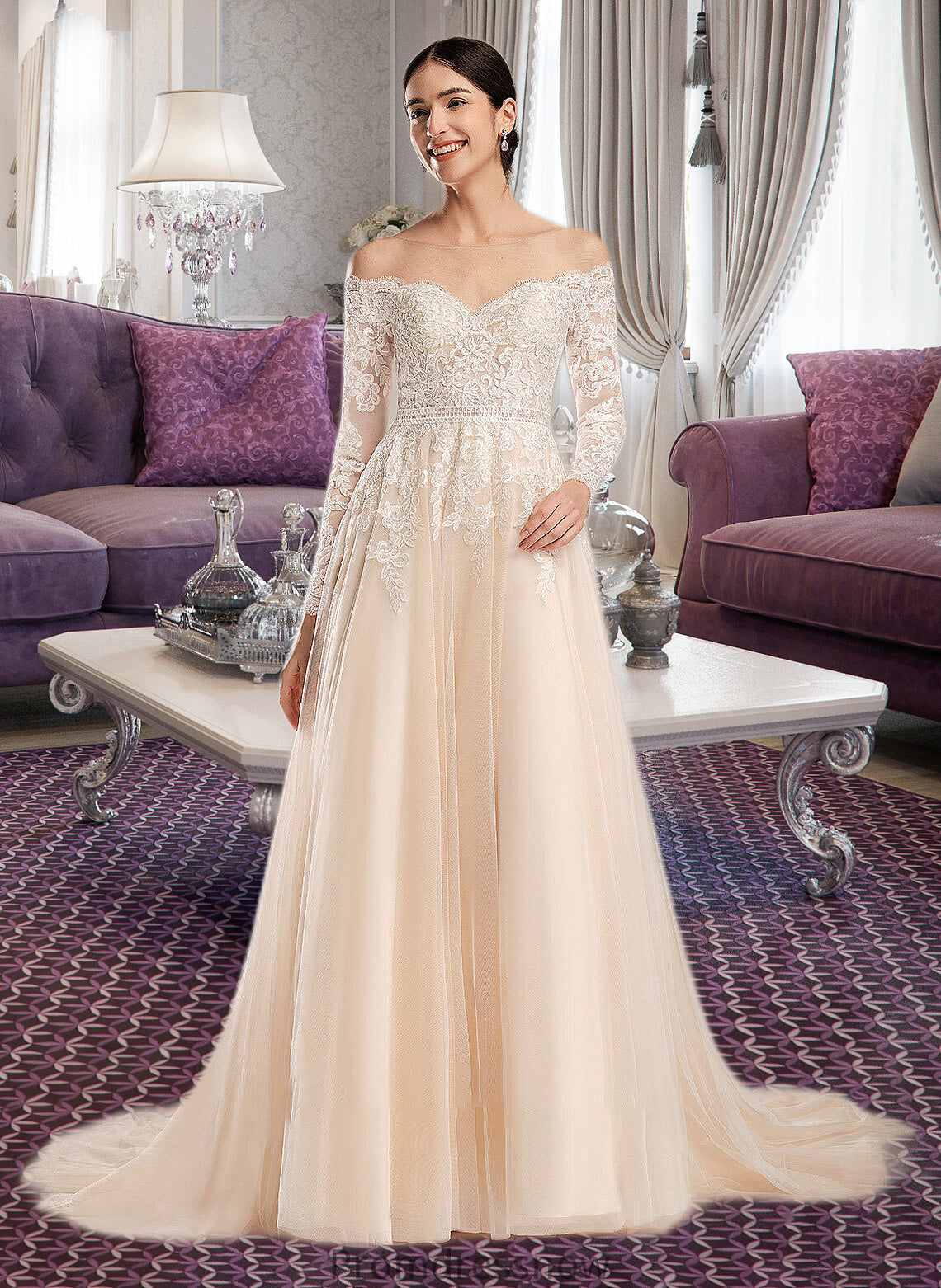 Alana Ball-Gown/Princess Illusion Chapel Train Wedding Dress With Sequins HPP0013798