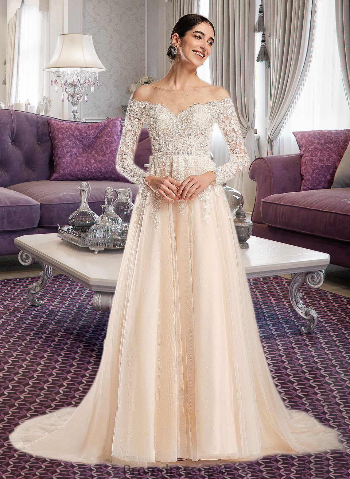 Alana Ball-Gown/Princess Illusion Chapel Train Wedding Dress With Sequins HPP0013798