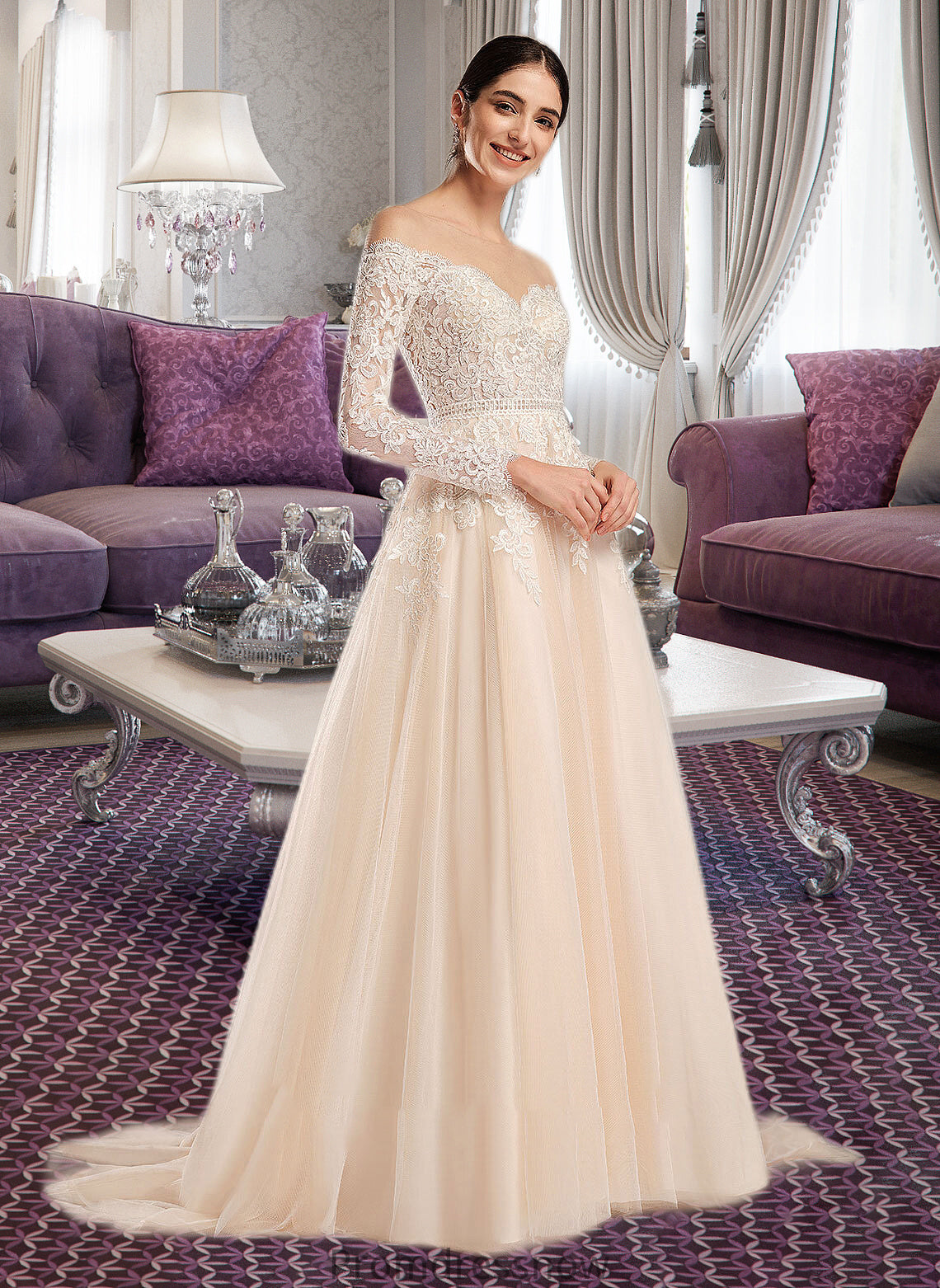 Alana Ball-Gown/Princess Illusion Chapel Train Wedding Dress With Sequins HPP0013798