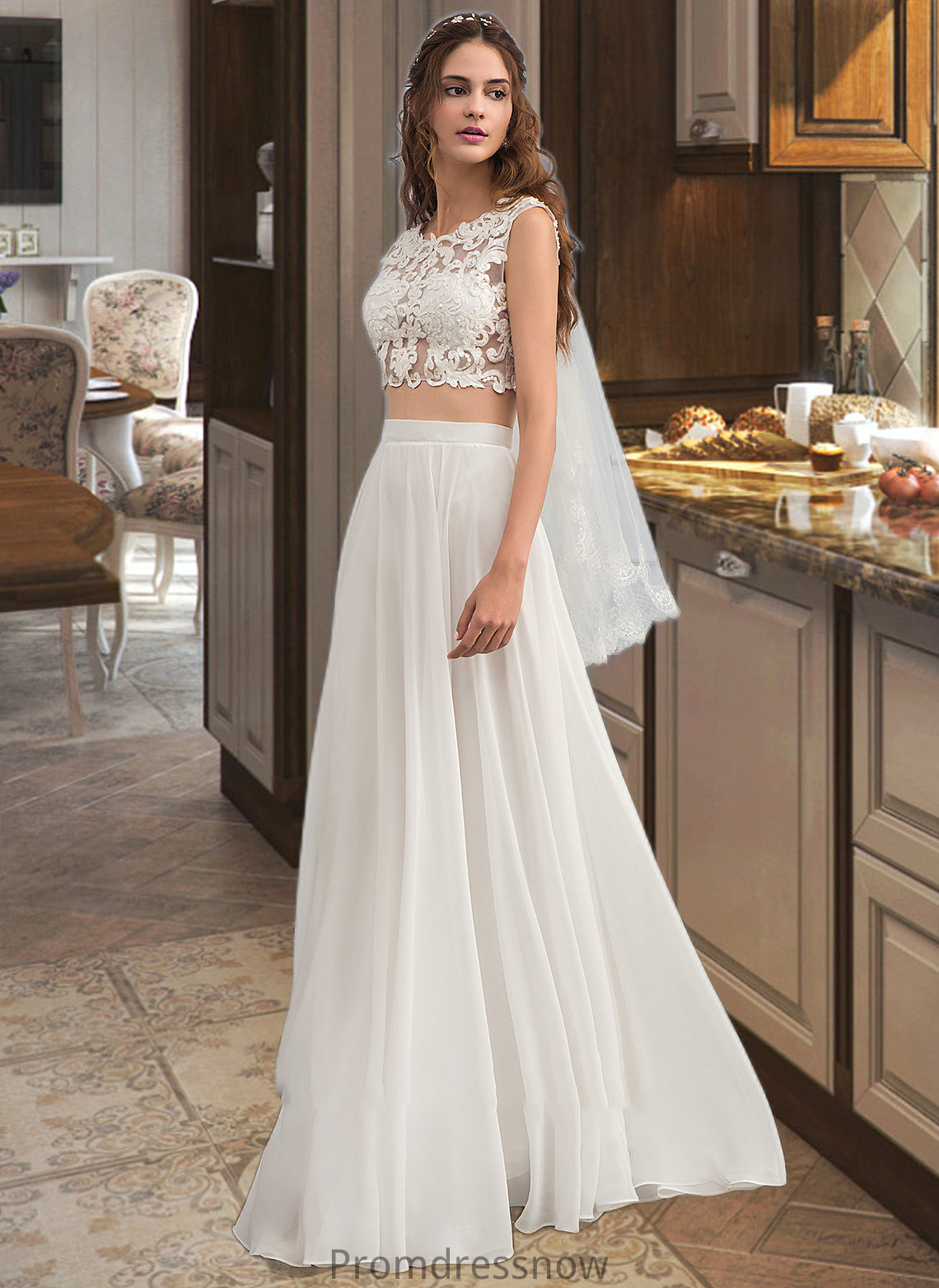 Neveah A-Line Scoop Neck Floor-Length Chiffon Wedding Dress With Beading Sequins HPP0013799