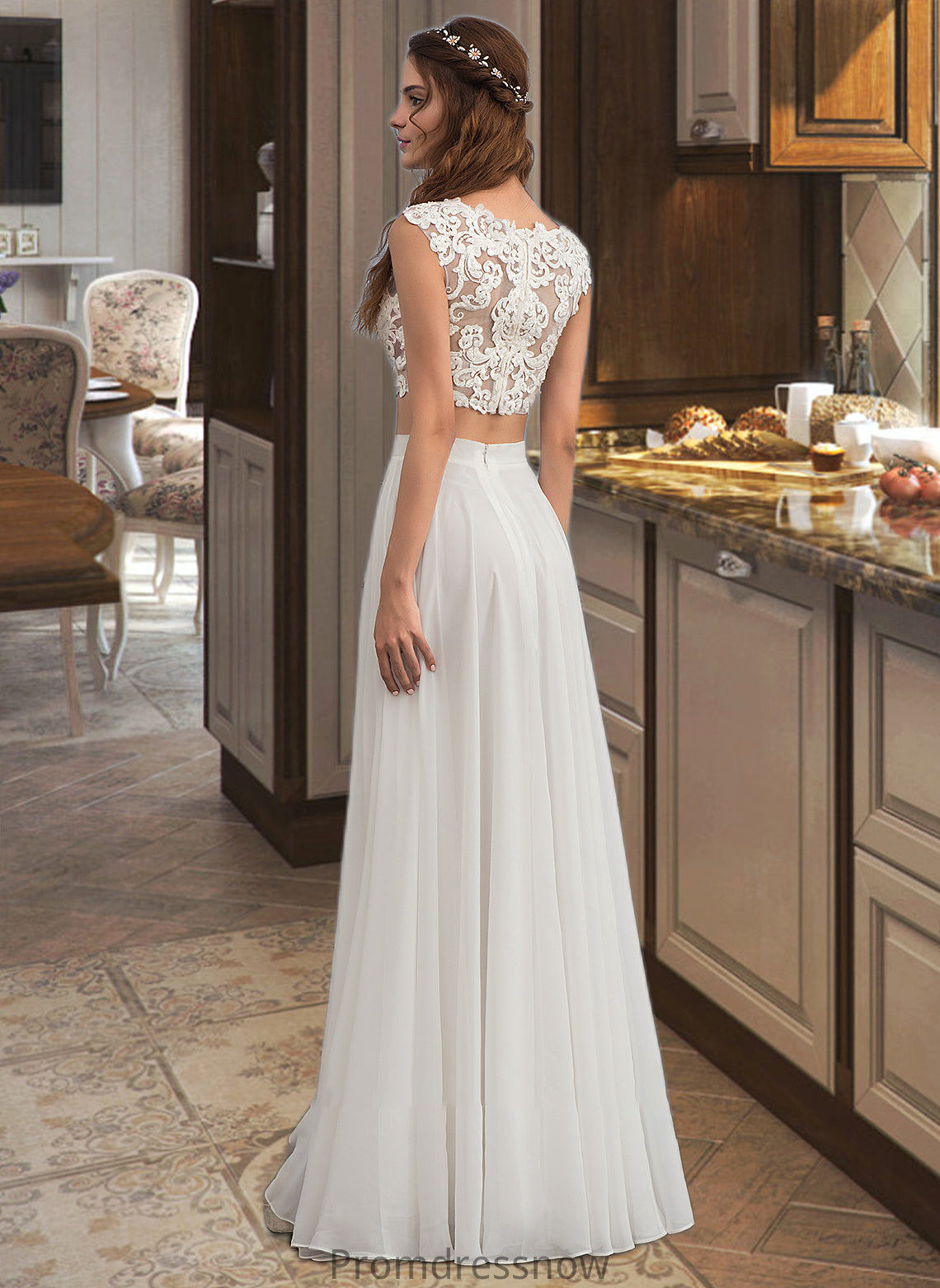 Neveah A-Line Scoop Neck Floor-Length Chiffon Wedding Dress With Beading Sequins HPP0013799