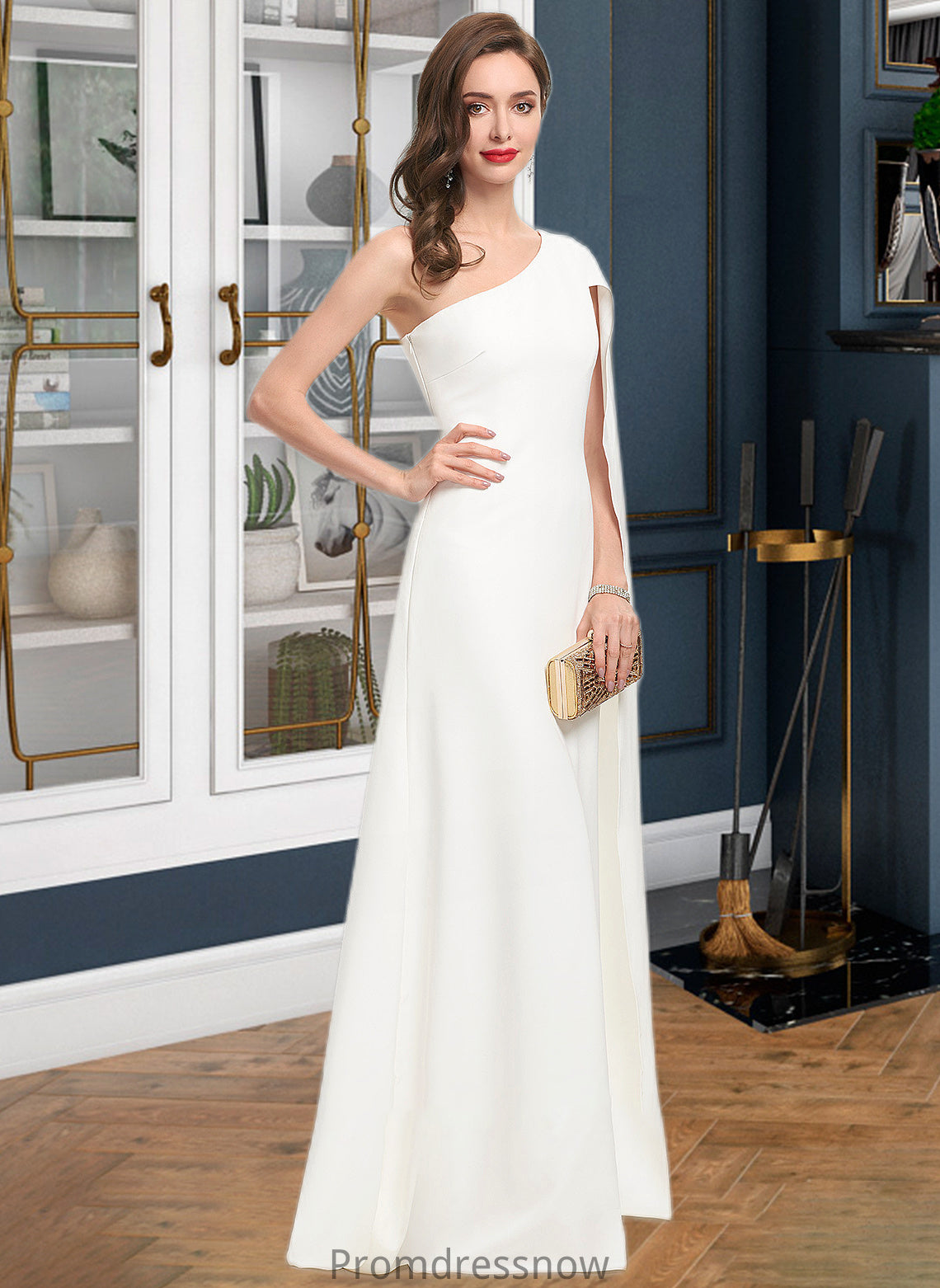 Rebekah Sheath/Column One-Shoulder Floor-Length Stretch Crepe Wedding Dress HPP0013801