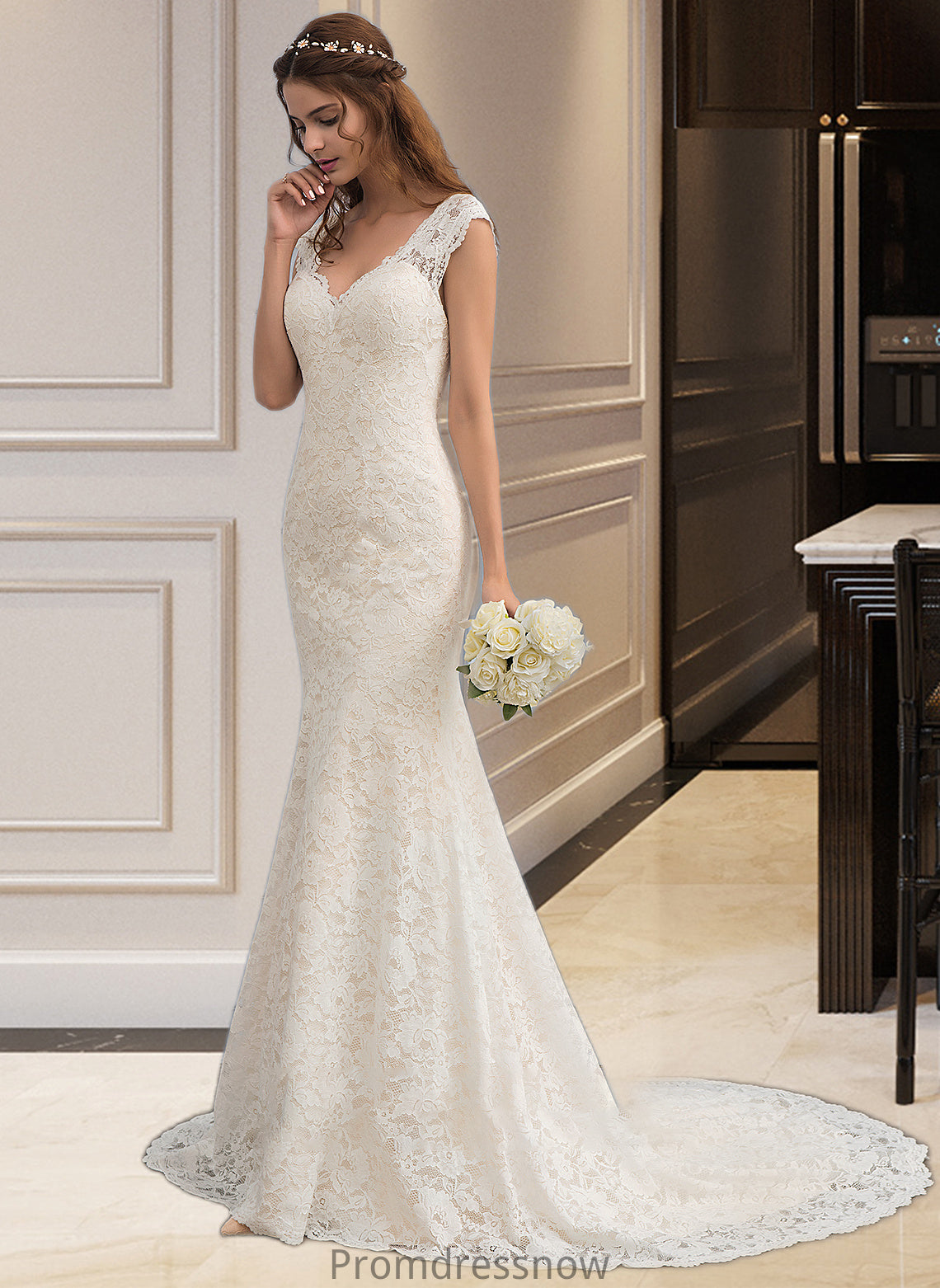 Greta Trumpet/Mermaid V-neck Court Train Lace Wedding Dress HPP0013804