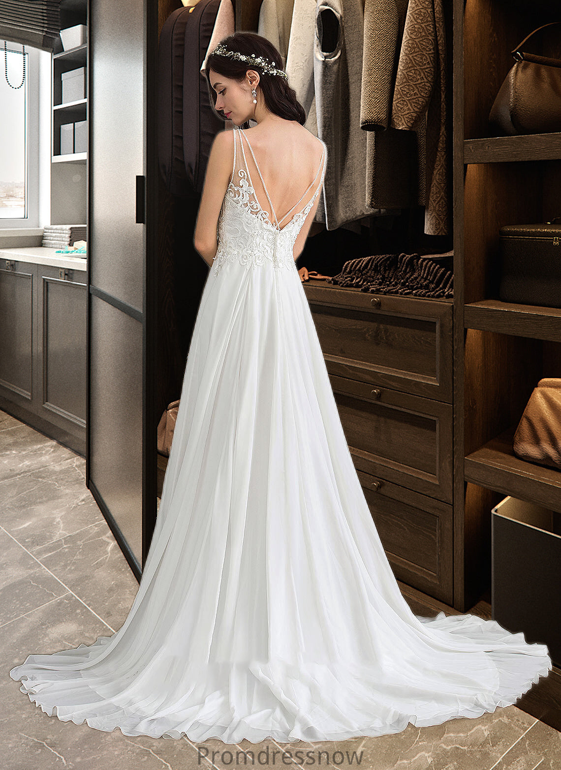 Everleigh A-Line V-neck Sweep Train Chiffon Wedding Dress With Beading Sequins Split Front HPP0013806