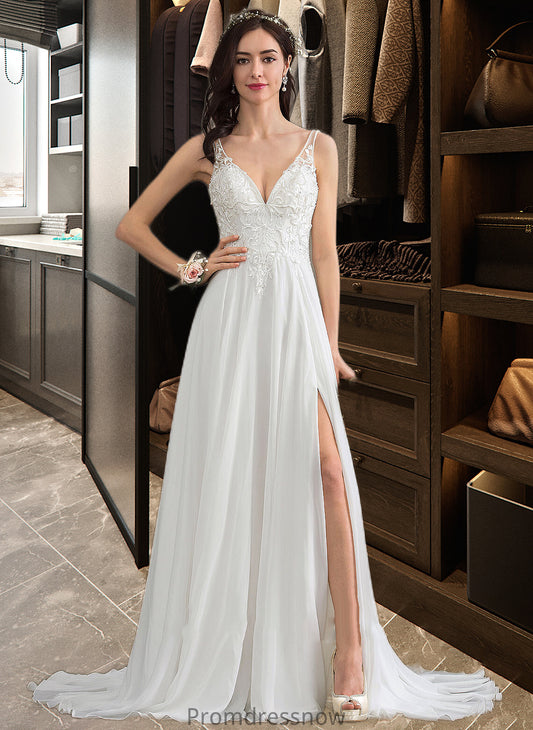 Everleigh A-Line V-neck Sweep Train Chiffon Wedding Dress With Beading Sequins Split Front HPP0013806