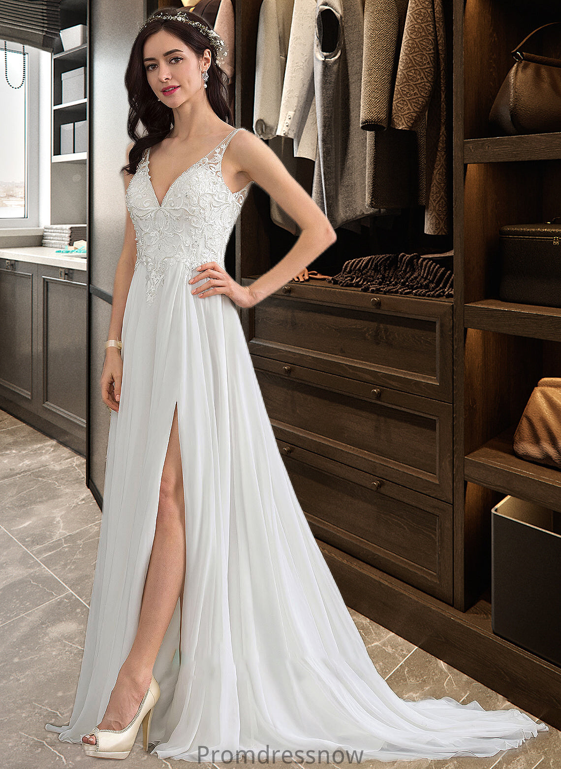 Everleigh A-Line V-neck Sweep Train Chiffon Wedding Dress With Beading Sequins Split Front HPP0013806