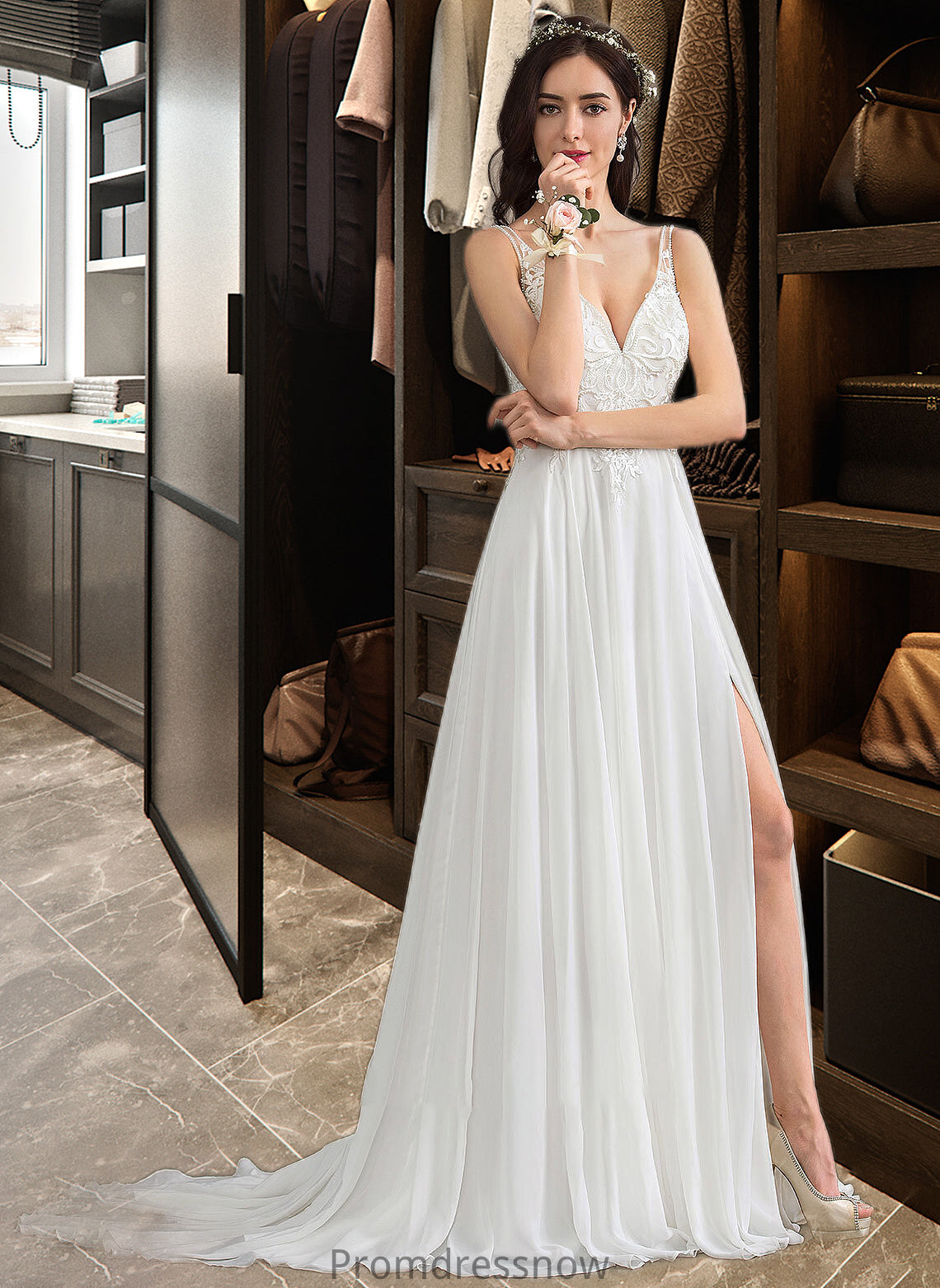 Everleigh A-Line V-neck Sweep Train Chiffon Wedding Dress With Beading Sequins Split Front HPP0013806