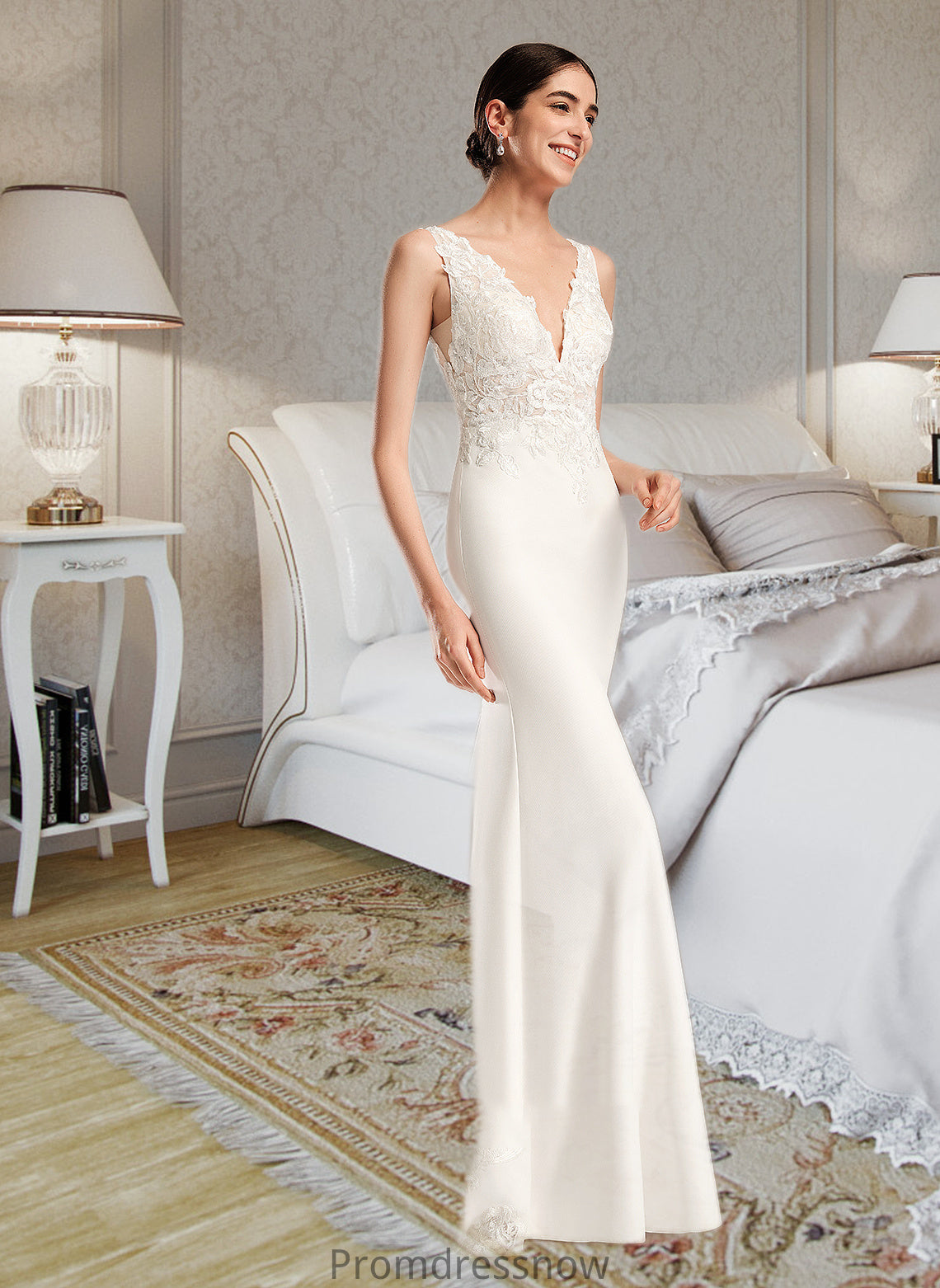 Jean Sheath/Column V-neck Court Train Wedding Dress With Sequins HPP0013807